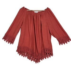 Westport Lace Trimmed Top Womens 1X Burnt Orange 3/4 Sleeve Peasant Boho Relaxed
